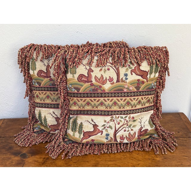 Late 20th Century Tapestry Stag Pillows With Bullion Fringe, a Pair For Sale - Image 6 of 6