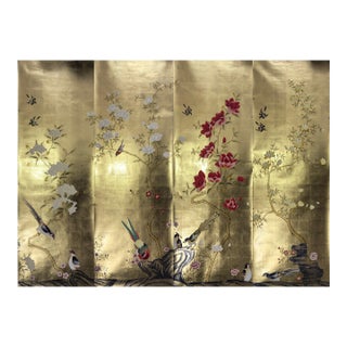 Hand Painted Gold Leaf Chinoiserie Wallpaper Panels, Birds & Florals Mural, Set of 4 Panels, Custom Size Available For Sale