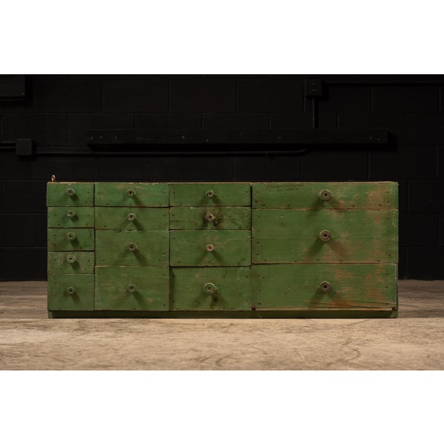 Industrial Mid 20th Century Industrial Green Salvaged Wood Multi-Drawer Cabinet For Sale - Image 3 of 7