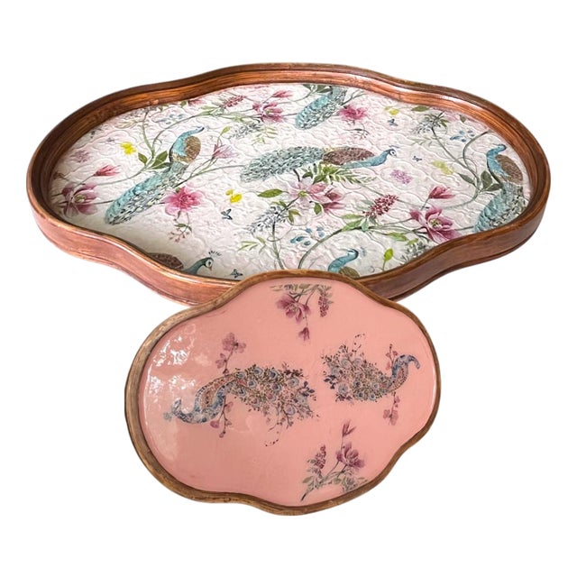 Chinoiserie Peacock Botanical Reversible Wood and Glass Tray for Tea, Vanity, Bath; 14.5x10 Studio Original Statement Piece For Sale