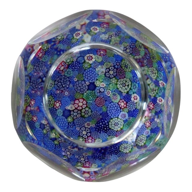 English Whitefriars Glass Millefiori Faceted Glass Paperweight C1920 For Sale