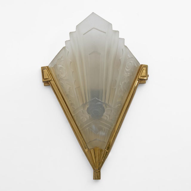 Art Deco Pressed Glass and Brass Sconces, France, 1930s For Sale - Image 9 of 9