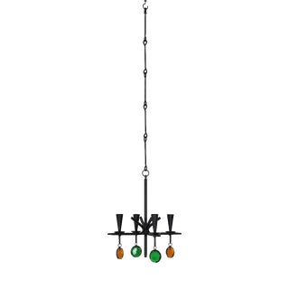 Wrought Iron 4-Arm Candle Chandelier with Green and Amber Glass Pendants by Gunnar Ander for Ystad-Metall, Sweden, 1960s For Sale