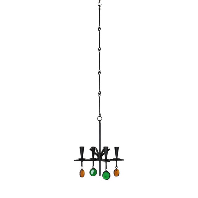 Wrought Iron 4-Arm Candle Chandelier with Green and Amber Glass Pendants by Gunnar Ander for Ystad-Metall, Sweden, 1960s For Sale