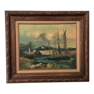 Mid 20th Century Painting on Canvas Nautical Ship Harbor Scene Signed Framed For Sale