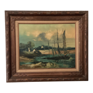 Mid 20th Century Painting on Canvas Nautical Ship Harbor Scene Signed Framed