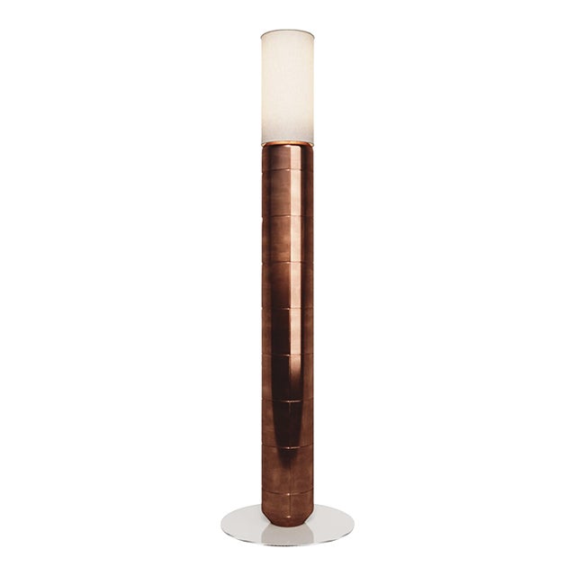 Handcrafted Ceramic Floor Lamp in With Linen Cylinder Lampshade in Polished Amber Glaze For Sale