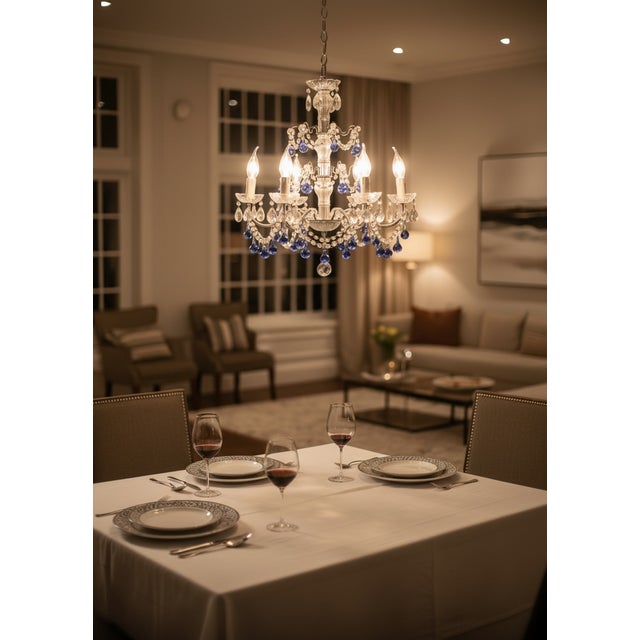 Vintage Blue Murano Drop Macaroni Drop Chandelier Clear macaroni glass beads with hanging crystals and blue Murano glass...