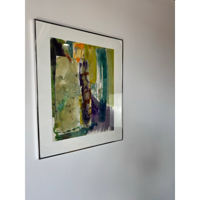 A dynamic and richly layered 1982 vintage mixed media painting by artist Yamill, showcasing an abstract expressionist...