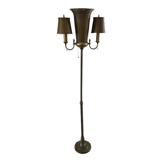 1930s John Vassos for Wirecraft Brass Floor Torchere Lamp With Woven Wire Shade For Sale