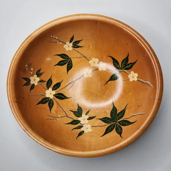 Vintage Munising Hand Painted Signed Wooden Footed Bowl - Floral Dogwood 13.5" Add a touch of authentic mid-century folk...
