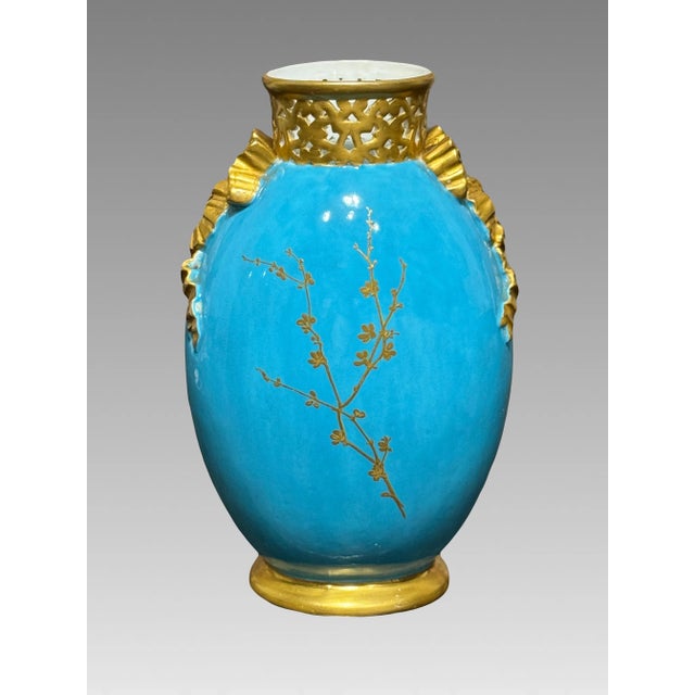 Metal Antique Royal Worcester Gilt & Turquoise English Landscape Reticulated Vase, Aesthetic Period 1873 For Sale - Image 7 of 10