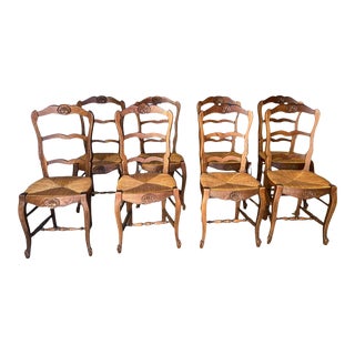 Antique French Country Ladderback Chairs With Rush Seat - Set of 8 For Sale