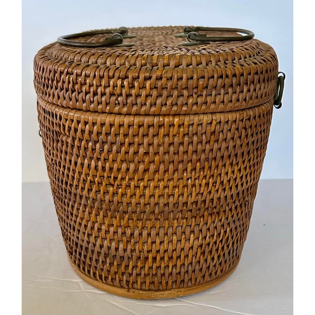 Wood 1920s Chinese Wicker and Brass Lunch Basket For Sale - Image 7 of 7