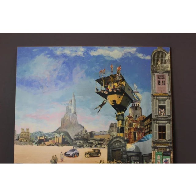 Composition on the theme of the city, wonderful tales, oil on panel and collage, unsigned marked on the back Jacques Deal,...
