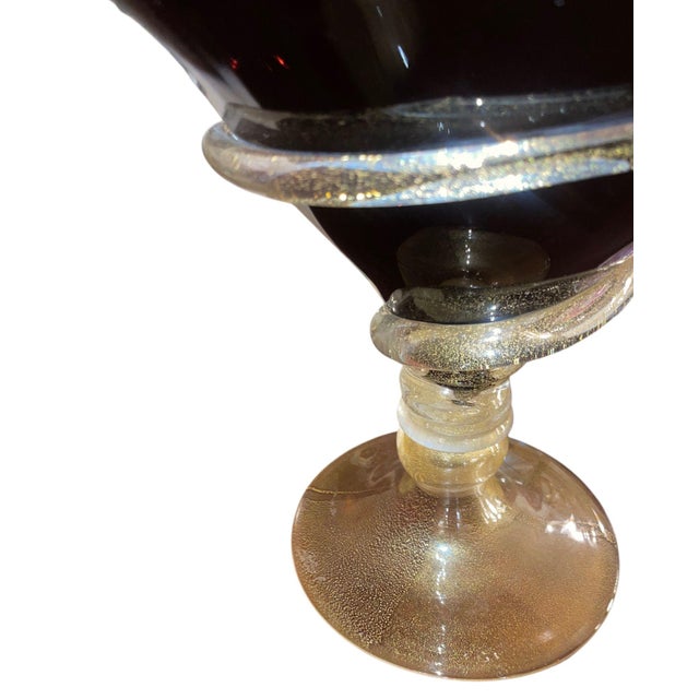 Camozzo Dark Amethyst Murano Glass & Gold Fleck Glass Compote. Signed by Camozzo. For Sale - Image 4 of 10