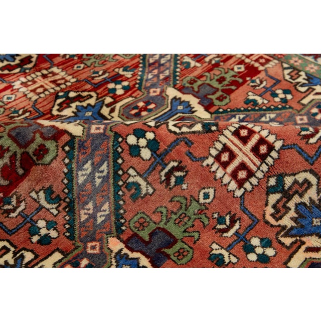 Red Vintage Heriz Hand-Knotted Wool Rug in Red With Geometric Design For Sale - Image 8 of 10