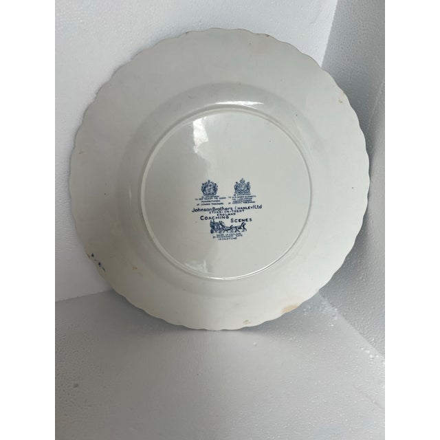 Blue Vintage Johnson Brothers Blue & White "Coaching Scenes" 9.5" Dinner Plates - Set of 2 For Sale - Image 8 of 8