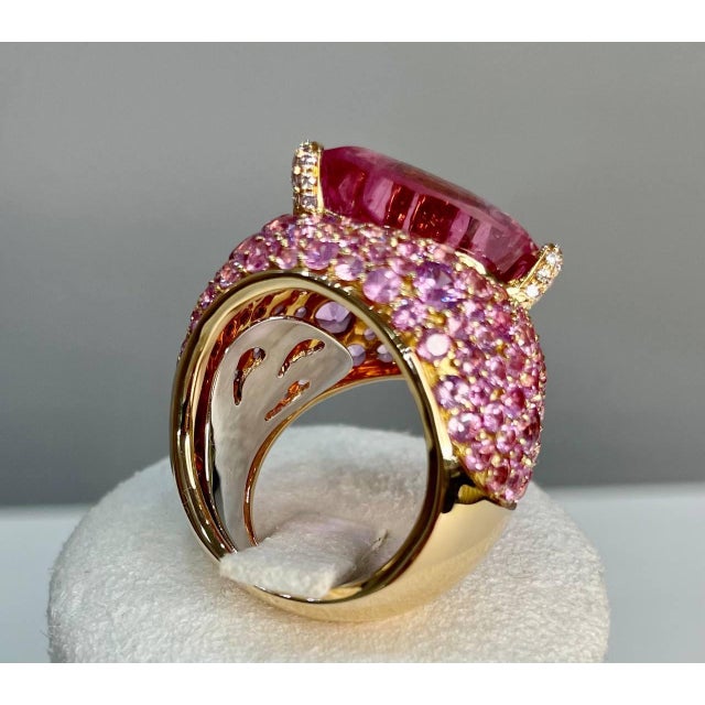 Pink Tourmaline Rubellite Pink Sapphire Diamond Pave 18k Rose Gold Unique Ring, Size 7 For Sale In Washington DC - Image 6 of 14