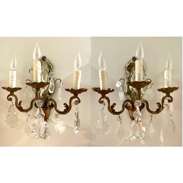 Early 20th Century Pair of French 3-Arm Candelabra Crystal Mirror Sconces For Sale - Image 13 of 13