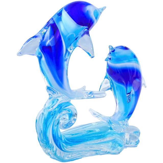 Nautical Vintage Blue Murano Dolphins-On-Wave Italian Art Glass Sculpture For Sale - Image 3 of 11