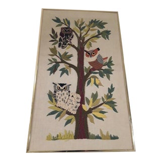 Mid-Century Owl Embroidered Wall Hanging For Sale