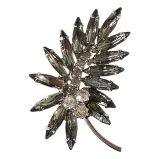 Vintage White Gold Tone Rhinestone Brooch Floral Leaf Cluster Pin W/Faux Marquise Crystal For Sale