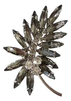 Vintage White Gold Tone Rhinestone Brooch Floral Leaf Cluster Pin W/Faux Marquise Crystal