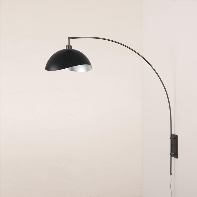 Mid-Century Modern Luna Bella Wall Arc Lamp - Black Nickel Steel, Matte Black/Silver Shade, Dimmable For Sale - Image 3 of 6