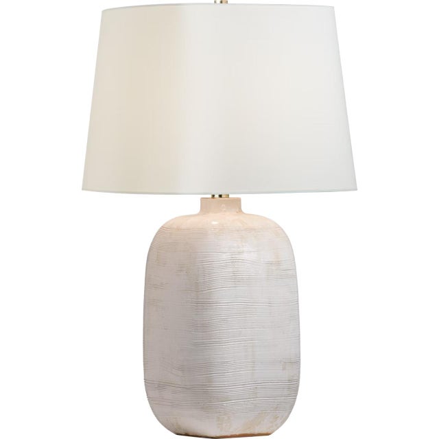 Transitional Chapman & Myers by Visual Comfort Signature Pemba Large Combed Table Lamp in Glossy White Crackle with Linen Shade For Sale - Image 3 of 3