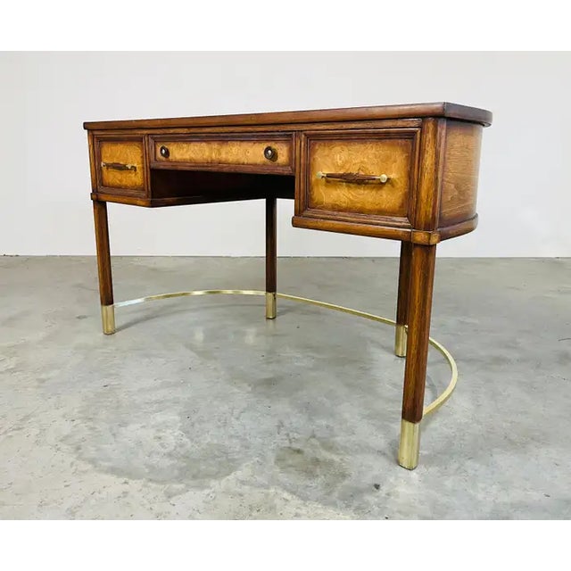 Henredon Vintage Regency Henredon Style Walnut, Burlwood and Brass Demilune Writing Desk For Sale - Image 4 of 9