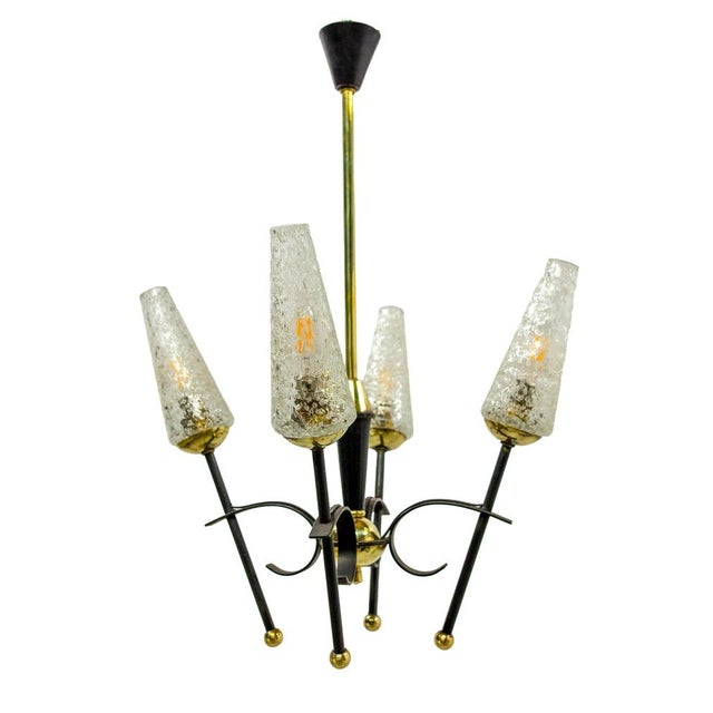 French 4-Light Chandelier in Black Metal and Brass, 1960s For Sale - Image 3 of 9