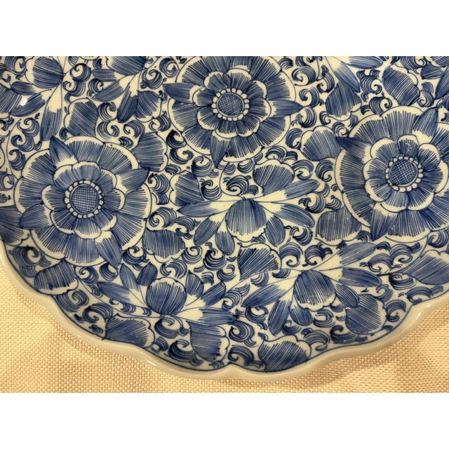 Antique Blue and White Japanese Floral Plate With Scalloped Edge For Sale - Image 11 of 18