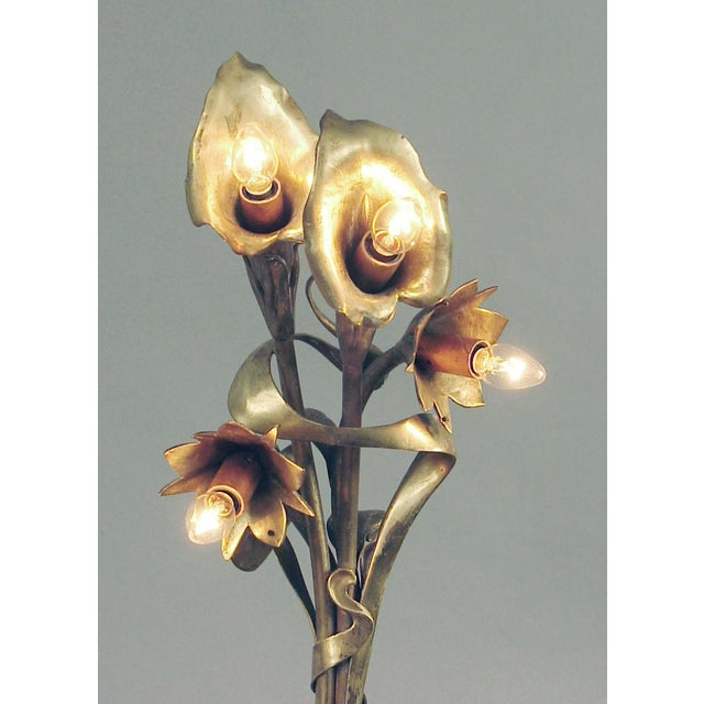 Art Nouveau Antique Ca. 1900 Art Nouveau All Brass Table Lamp, Floral Motif For Sale - Image 3 of 11