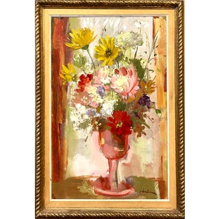 Pierre Jerome, Vibrant Floral Oil Painting Vase of Spring Flowers Pierre Jerome Ecole De Paris, c.1950's For Sale