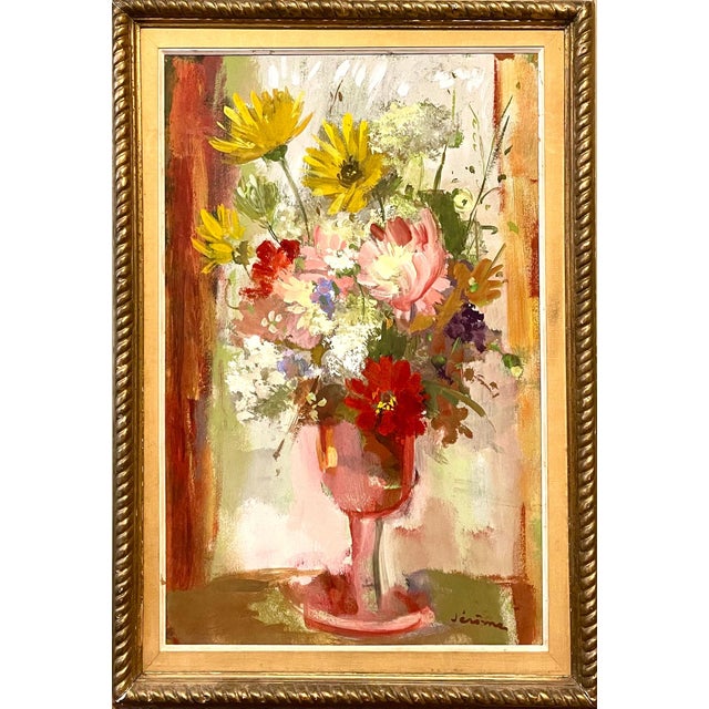 Pierre Jerome, Vibrant Floral Oil Painting Vase of Spring Flowers Pierre Jerome Ecole De Paris, c.1950's For Sale