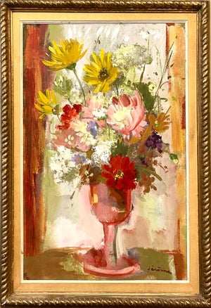 Pierre Jerome, Vibrant Floral Oil Painting Vase of Spring Flowers Pierre Jerome Ecole De Paris, c.1950's