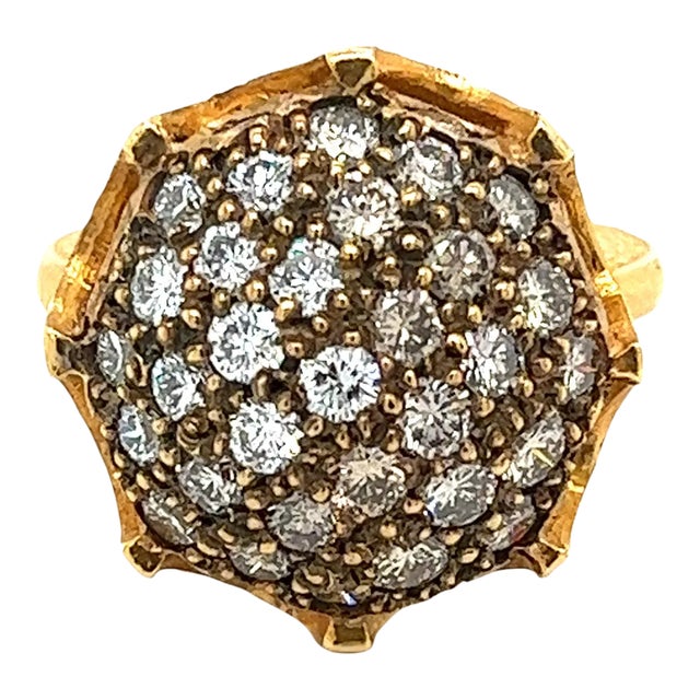 Vintage Retro 22k Carved Yellow Gold and Round Ball Diamond Cluster Ring Size 6.5 For Sale