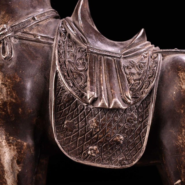 Solid Copper Silvered Galloping Horse Statue (Zhaocai Ma) - Gilt Silver Bronze Horse Figurine With Ornate Saddle For Sale - Image 9 of 10
