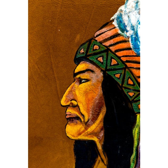 Native American Mid-Century Oil on Tanned Hide Portrait Painting of a Native American Chief For Sale - Image 3 of 12
