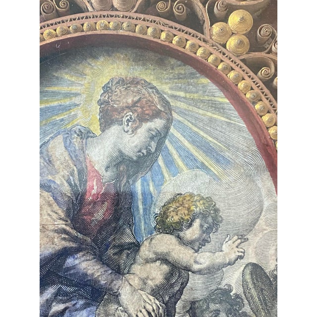 Early 18th Century French Convent Rolled Paper Reliquary Shadowbox — Madonna & Child Engraving, Paper Filigree, Original Gilt Frame For Sale In Dallas - Image 6 of 6