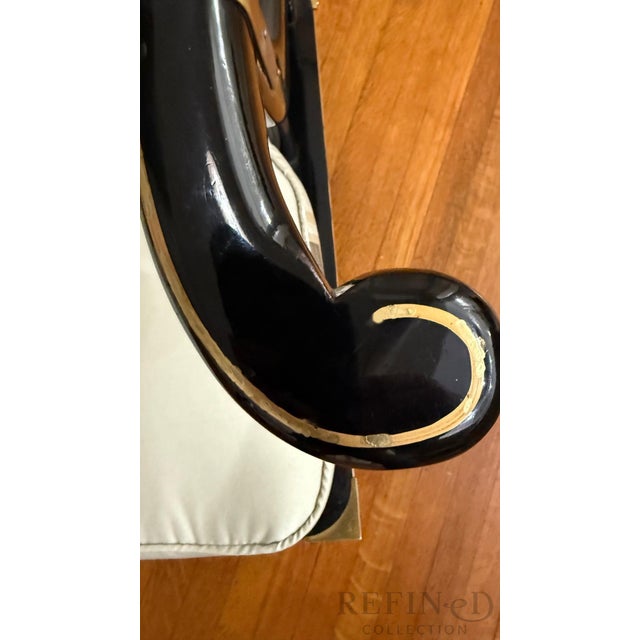 1980s Pair of James Mont–Style Black Lacquer & Brass Lounge Chairs by Century Furniture in Colefax & Fowler Silk For Sale - Image 10 of 16