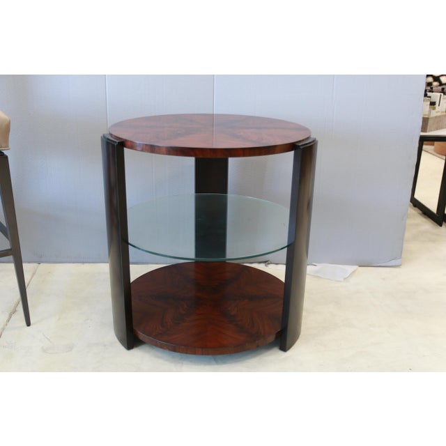 Original Retail $3000, elegant Theodore Alexander Modern, walnut Finished Reflection Side Table, 3-tiers, glass shelf,...