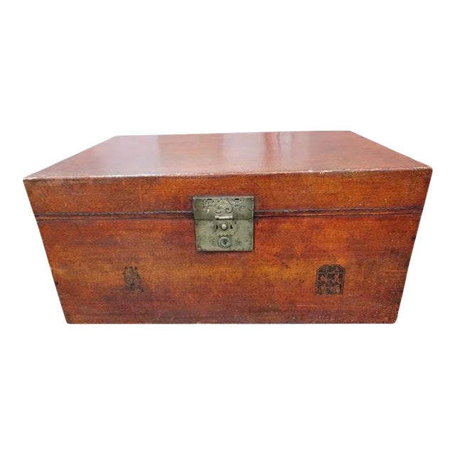 Antique Red Chinese Leather Trunk For Sale