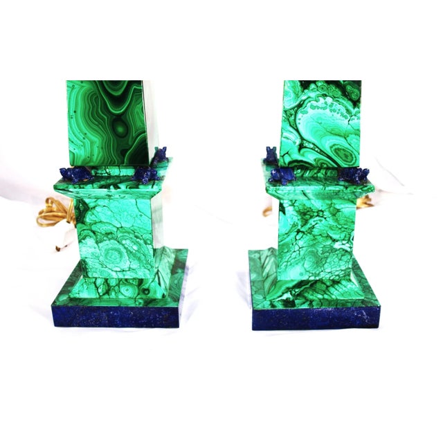 Pair Vintage Malachite Stone Lamps With Lapiz Lazuli Accents For Sale - Image 4 of 12