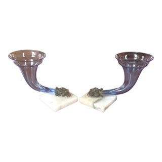 19th Century Vintage English Blue Glass Cornucopia Vases - a Pair For Sale