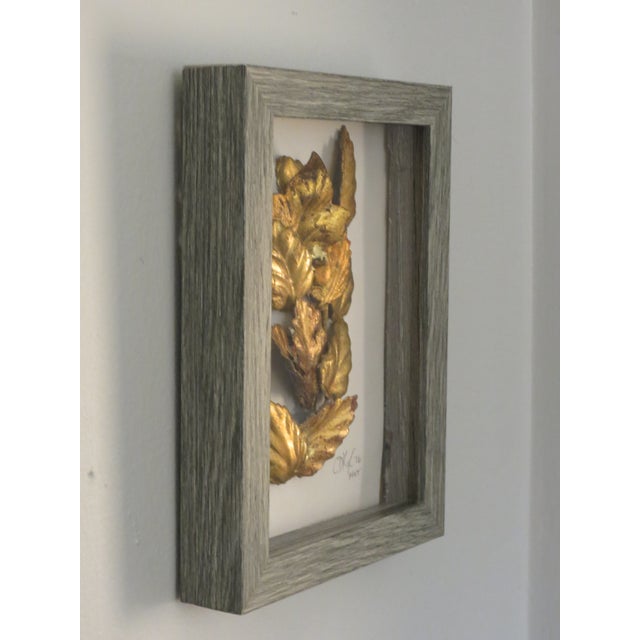 Metal Vintage Italian Patina Gold Leaf Tole Collages, Framed Pair, Mid Century For Sale - Image 7 of 7