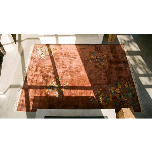 Persimmon 1920s Orange Persimmon Flower Modern Antique Chinese Art Deco Rug 9'x11' 8" Handknotted Wool Carpet For Sale - Image 8 of 8