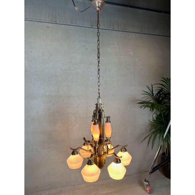 Art Deco Chandelier in Opaline and Brass, 1930s For Sale - Image 3 of 18