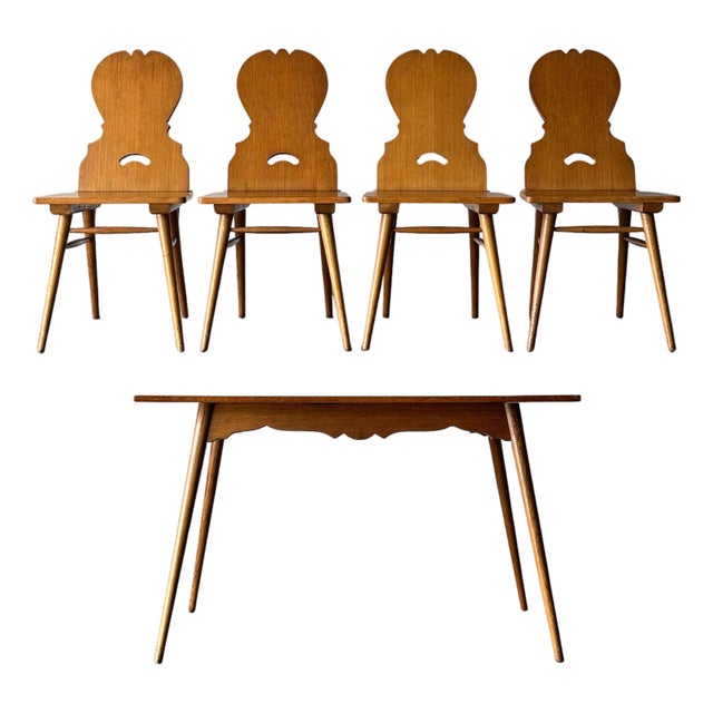 Swiss Alpine Stabelle Oak Dining Set, Mid-Century — Set of 5 For Sale